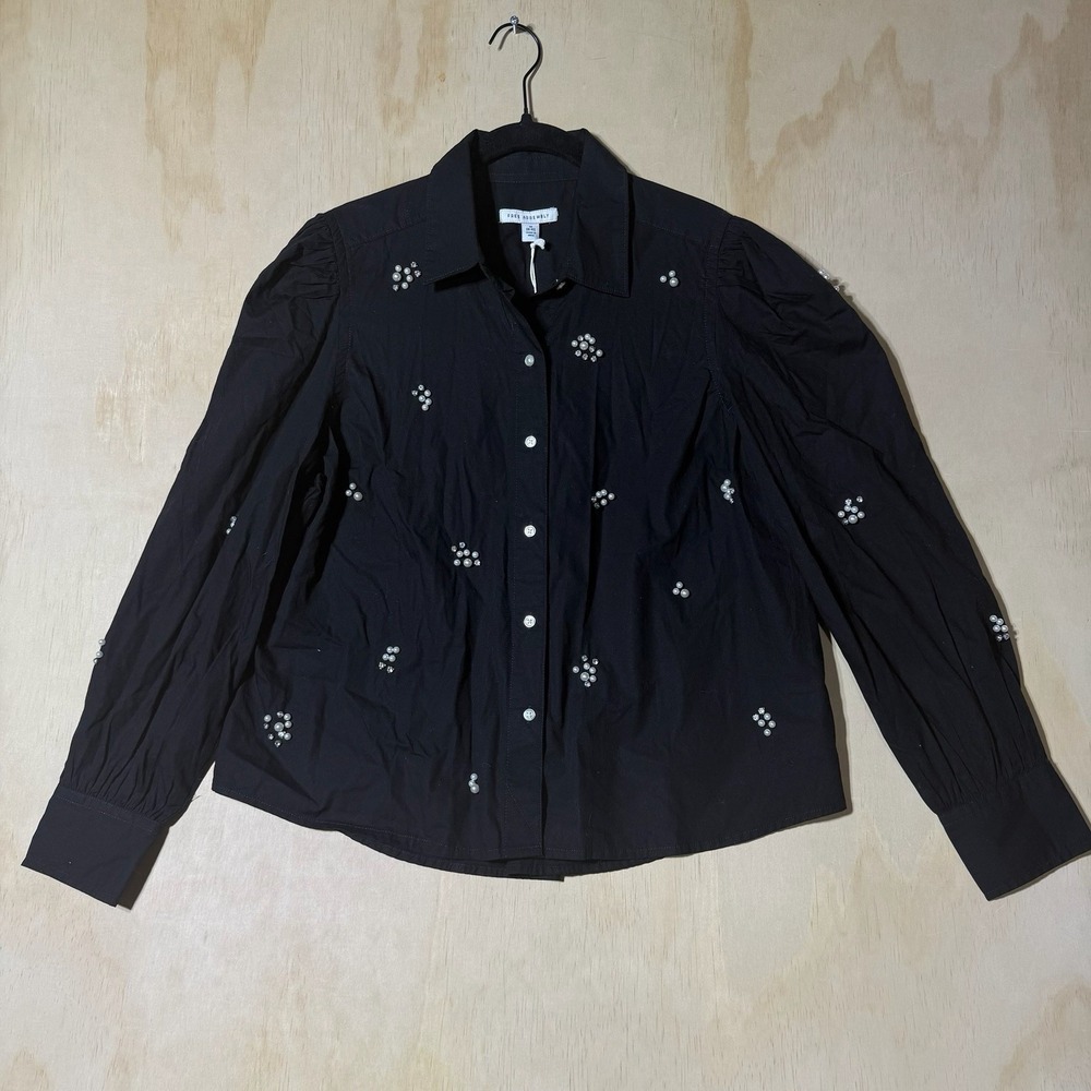 Free Assembly Women M Black Pearl Rhinestone Puff Sleeve Button Blouse NWT